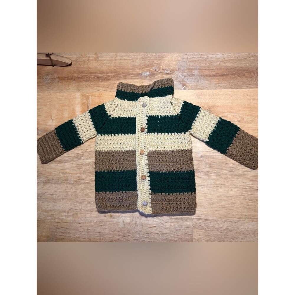 Handmade Earth Toned Crochet Striped Cardigan Toddler Jacket with Owl Buttons